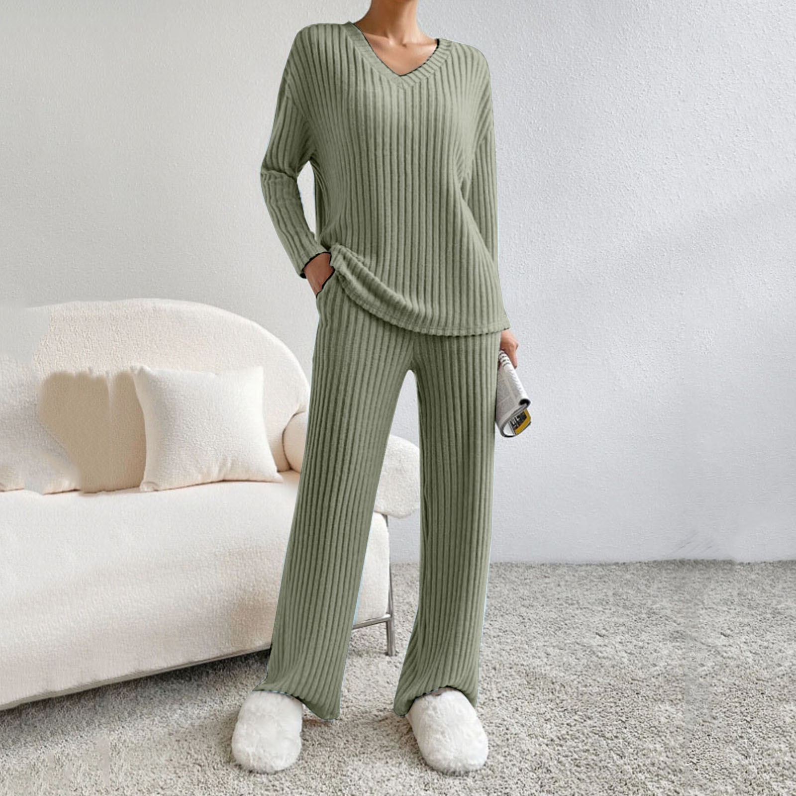 thumbnail image 2 of Conjunto de dos piezas de punto para mujer: jersey y pantalones anchos, color liso, otoño/invierno, poliéster, tallas S-XXL, 2 of 7